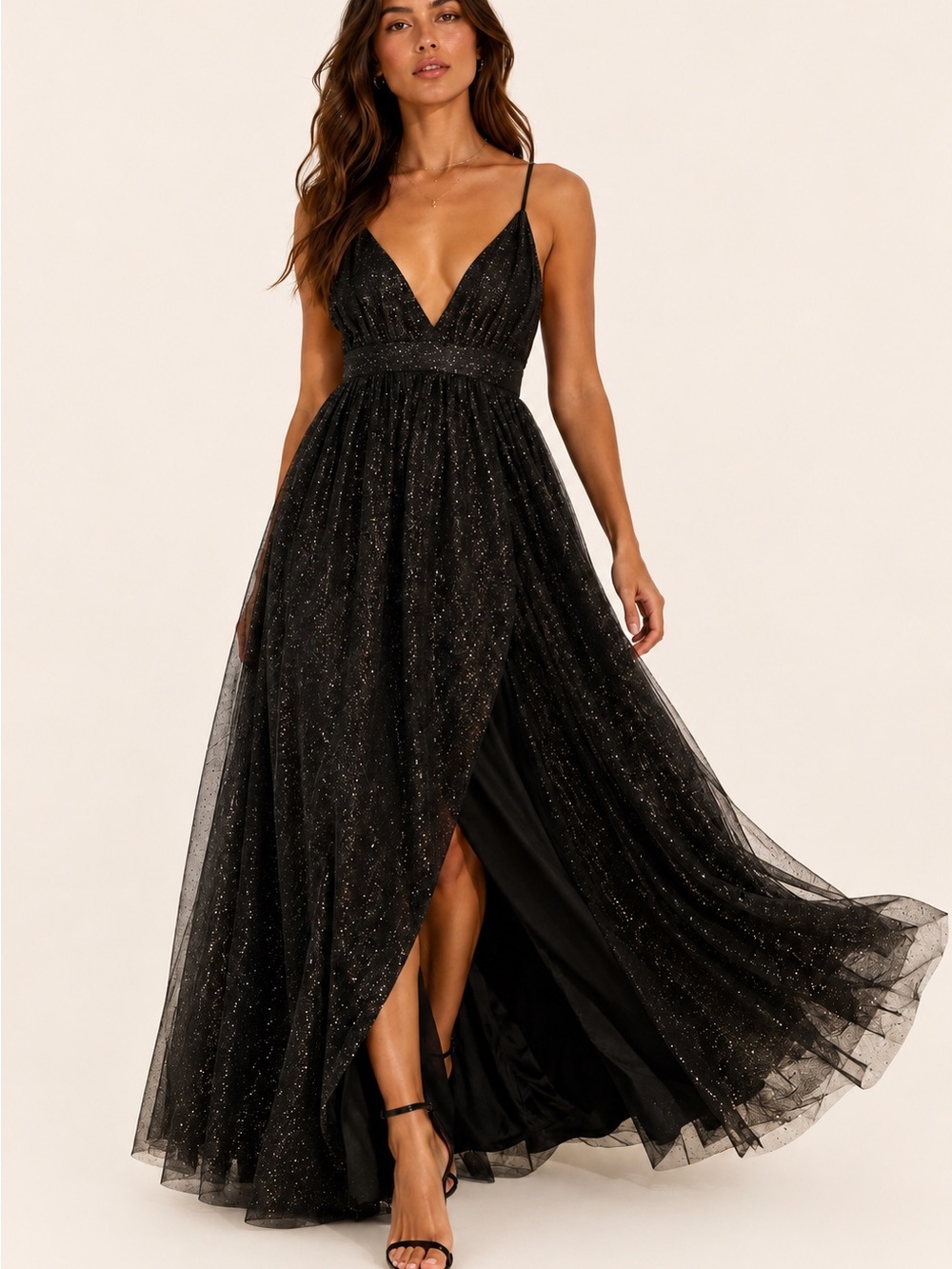 Showpo | Angelina Plunge Neck Black Gold Glitter Maxi Dress Formal Gown US 6 NWT